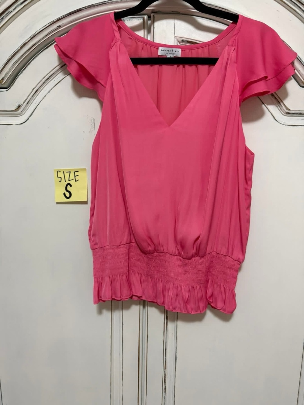 Current Air Hot Pink V-Neck Flutter Sleeve Smocked Waist Blouse
